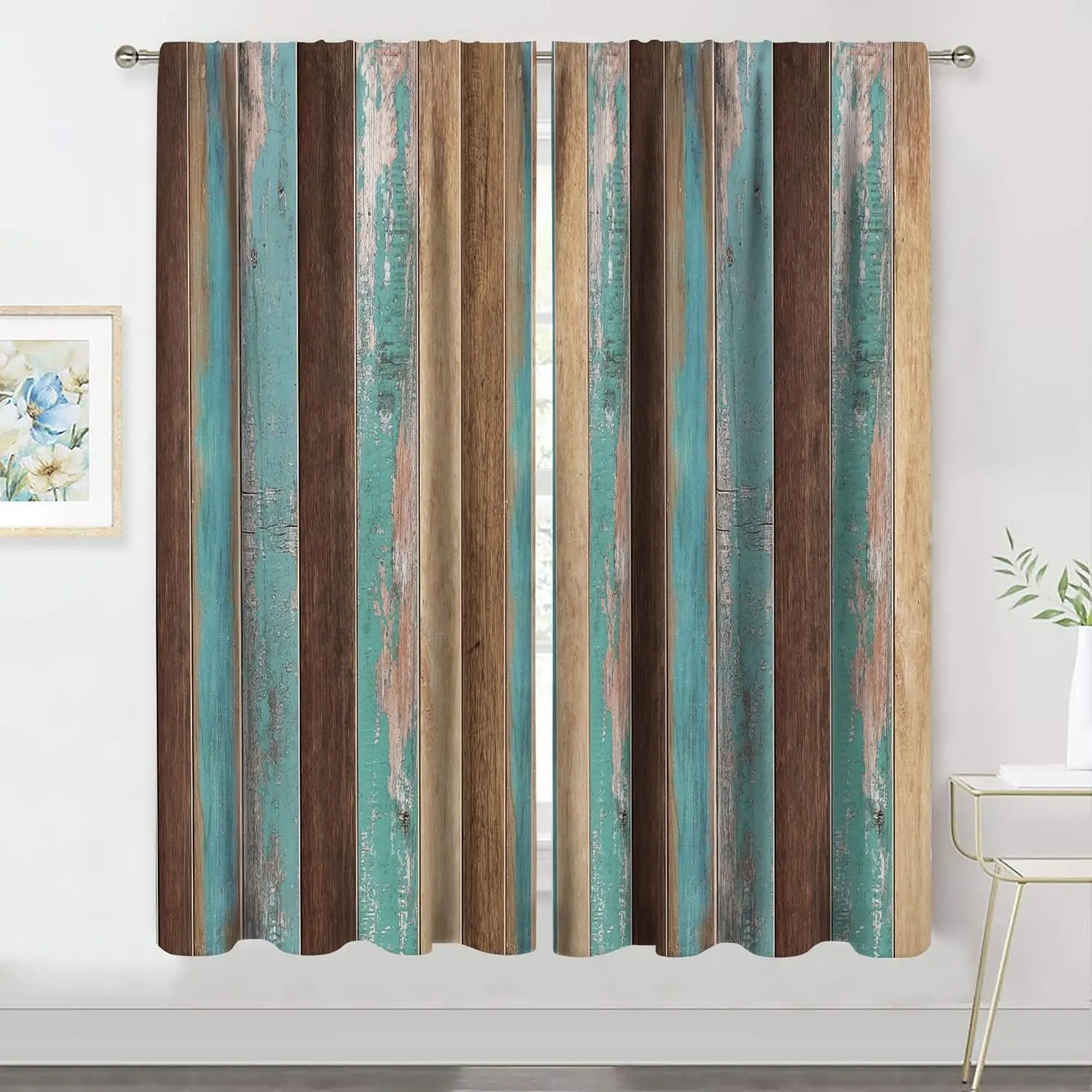 Rustic Farmhouse Wood Grain Curtains Blue Beige Distressed Panels Curtains 2pcs Pair Living Room Window Drapes