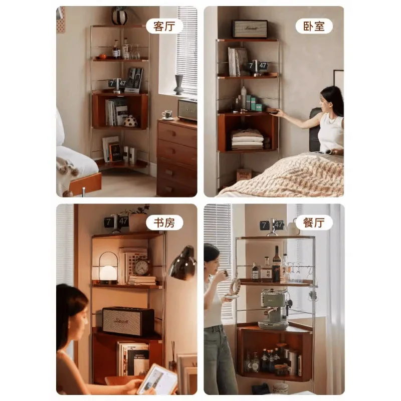 Vetrina triangolare per libreria angolare per piccolo appartamento in legno massello con pavimento in metallo