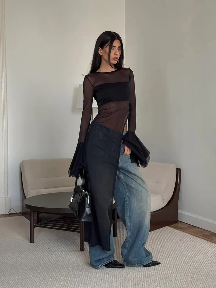 Sisterlinda Mesh-T-Shirts mit Rüschenärmeln, solide, einfach, durchsichtig, Rundhalsausschnitt, super lange T-Shirts, weiblich, einzigartige Straßen-Sommer-Tops