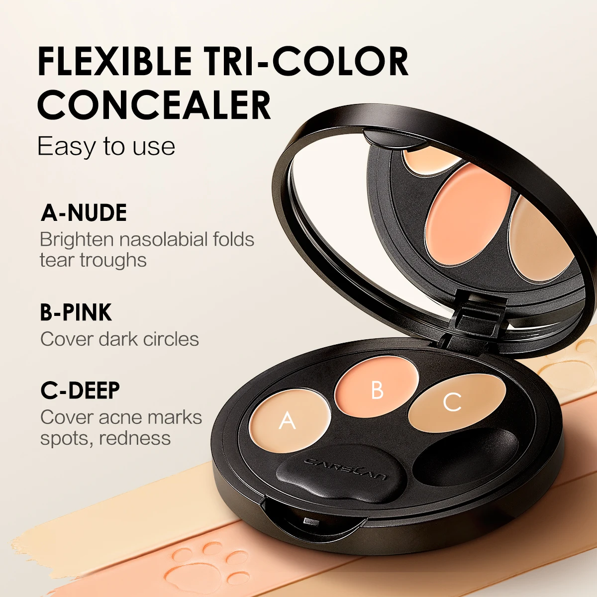 CARSLAN Flxible Tri-Color Concealer Full Coverage Concealing Dark Circles Corrector Moisturizing High Coverage Makeup Base