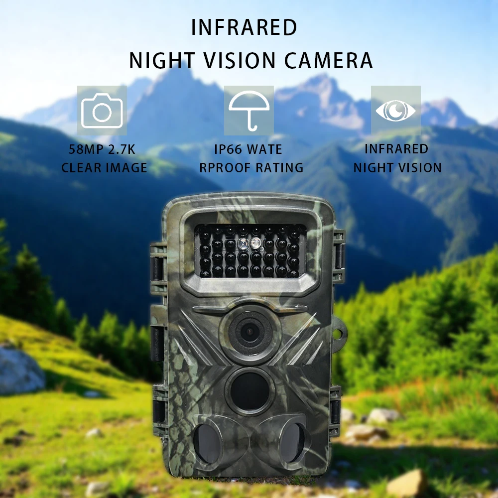 58MP 2.7K video recording high-definition outdoor infrared camera, wildlife monitor with 2inch LCD display, suitable for day and night use 120 ° Wide-angle camera lens, PIR sensor, IP66 waterproof rating, 0.3-second quick trigger time for motion detection