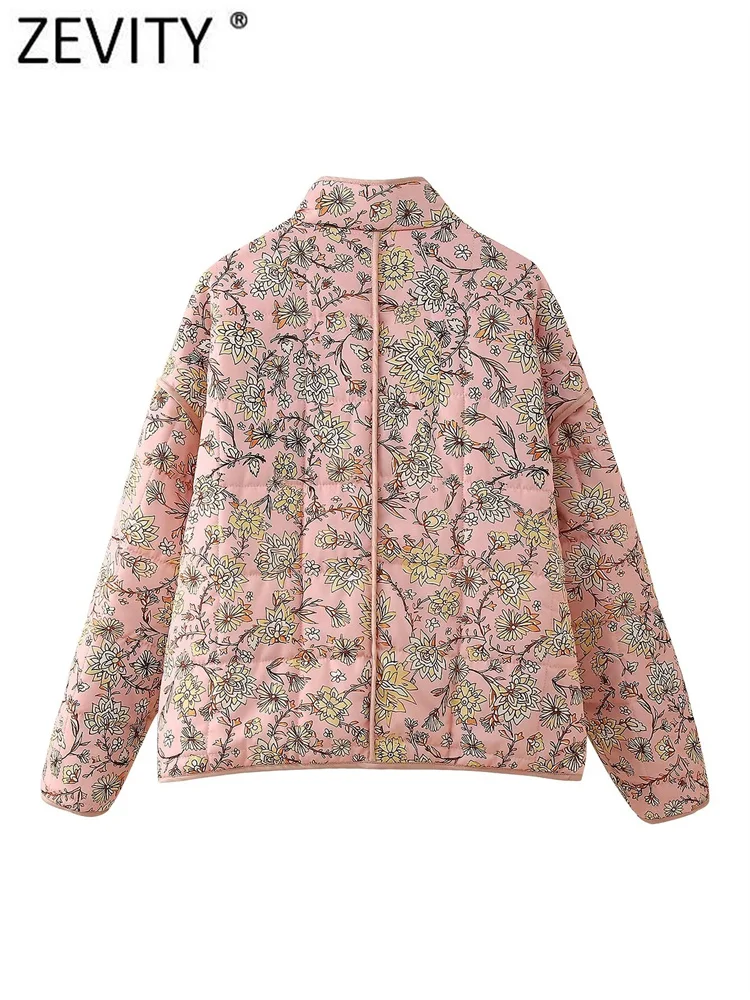 ZEVITY Women Vintage Stand Collar Flower Print Quilted Cotton Jacket Coat Female Outerwear Pocket Patch Casual Chic Tops CT6292