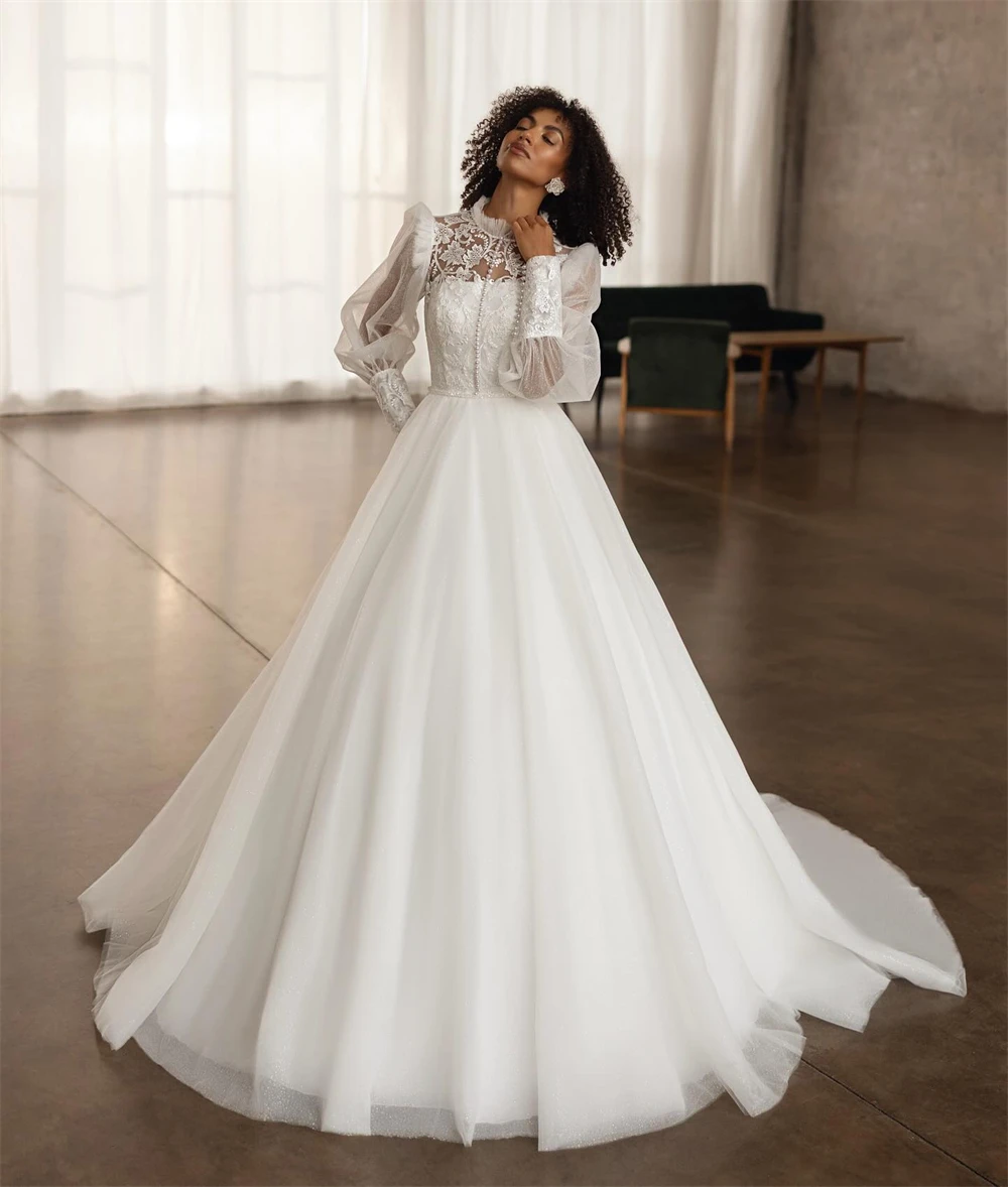 

Customized Elegant White Organza Bridal Gowns Boho O-Neck Long Sleeves Wedding Dress Classic A-Line Court Train Vestido De Novia