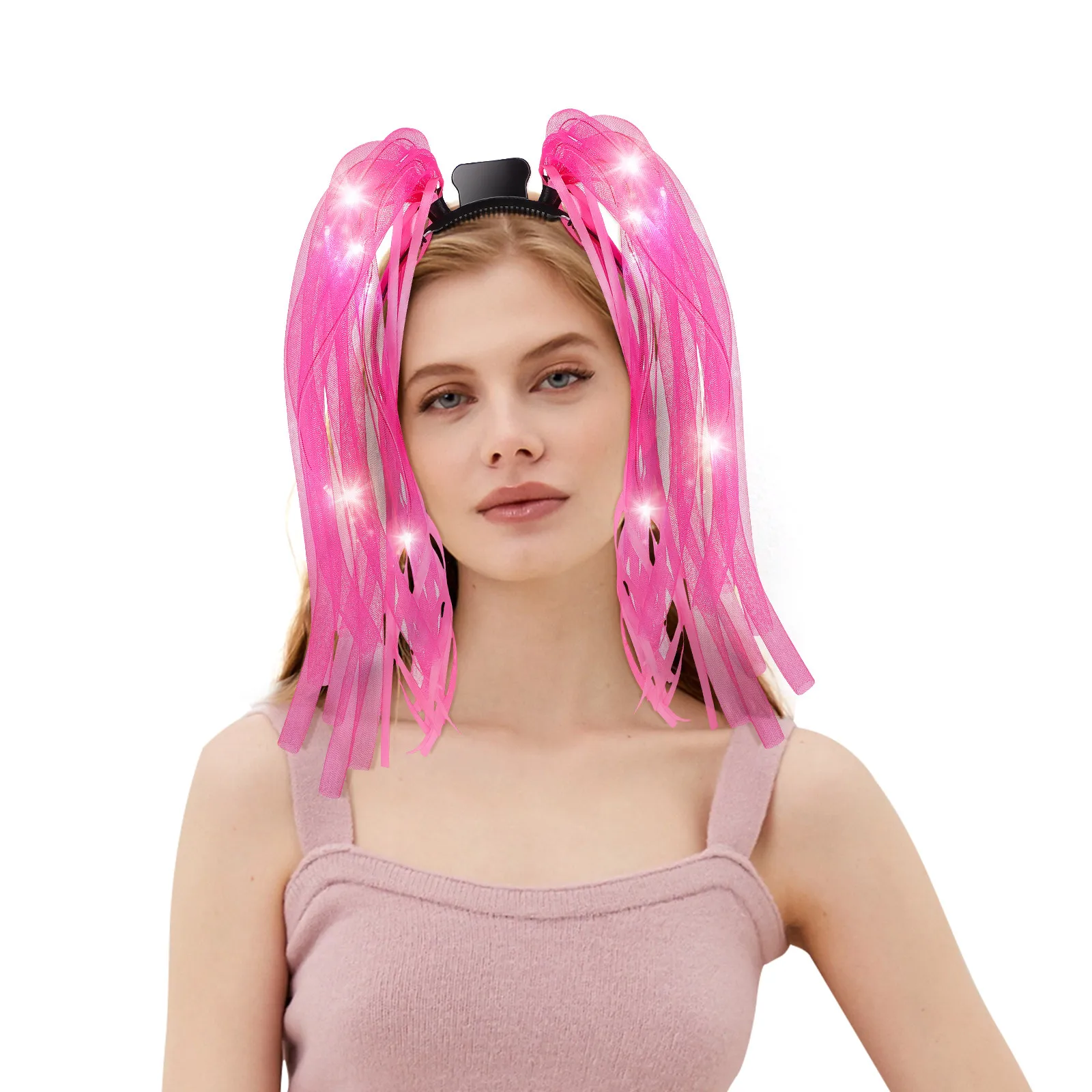 

1Pcs LED Braid Flash Hair Band Halloween Tube Pigtail Pink Easy Clip on Party Concert Holiday Night Events