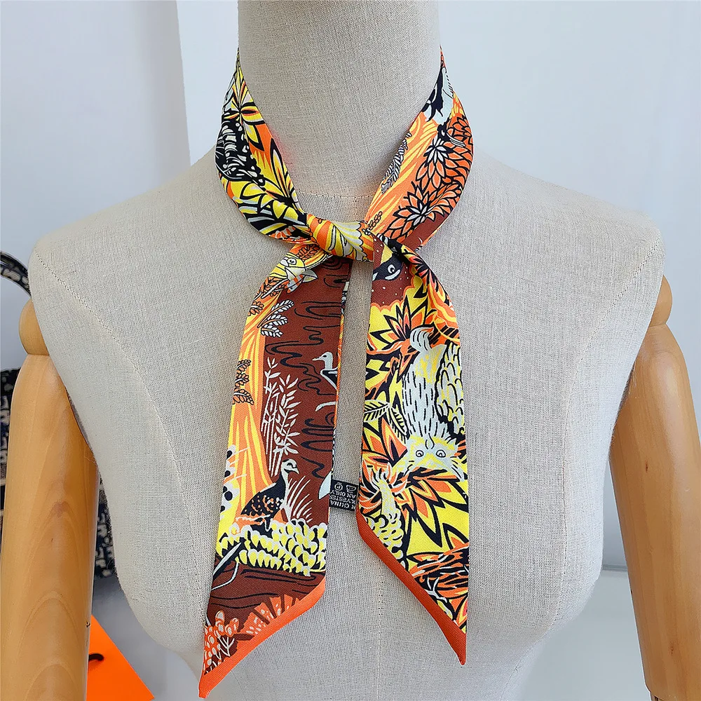 2023 Brand Small Silk Scarf For Women New Print Handle Bag Ribbons Brand Fashion Head Scarf Small Long Skinny Scarves Wholesale