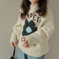 Girls' Letter Flower Pullover Sweater 2024 Spring and Autumn New Korean Children's Fashionable Knitted Sweater Casual Top