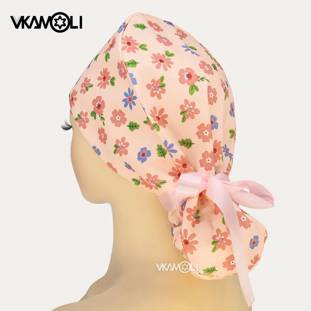 

Flower printed long hair ponytail surgical cap Medical Hat Adjustable Working Hat Tie Back Hats for WomenScrub hat