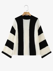 ZANZEA Fall Winter 2024 Fashion Sweaters Casual Loose Elegant O Neck Long Flared Sleeve Jumpers Color Block Women Pullovers