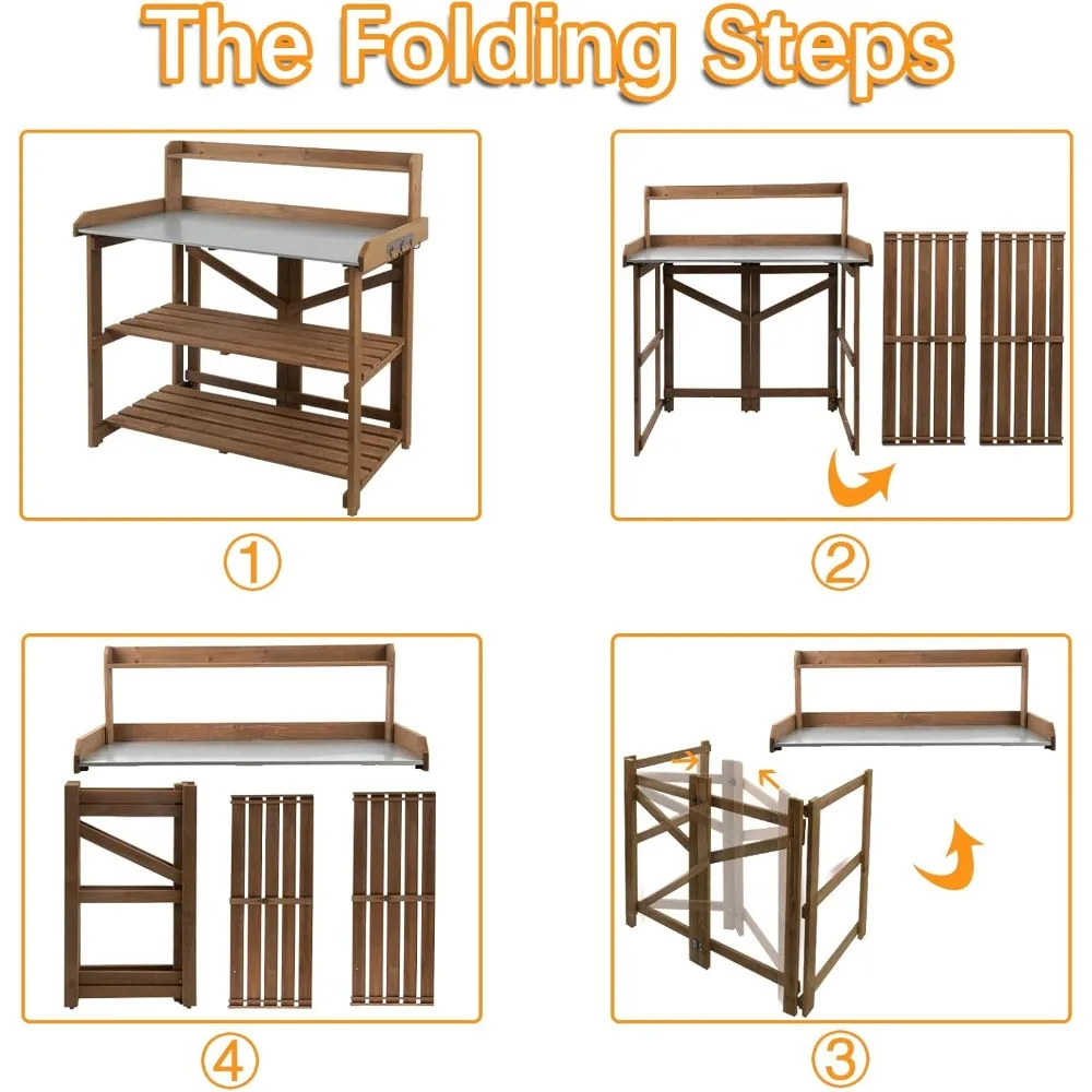 طاولة مقعد خشبية خارجية مع محطة عمل معدنية مجلفنة لزراعة الحديقة