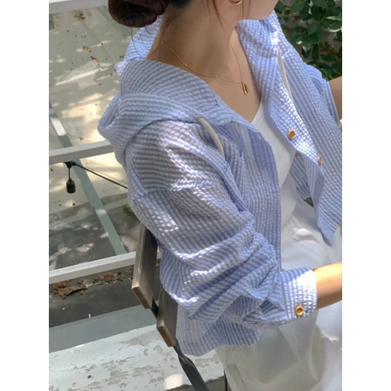 Женская блузка, лето 2021, однобортная полосатая короткая свободная рубашка с длинными рукавами и солнцезащитным кремом, женская рубашка XFSP1658