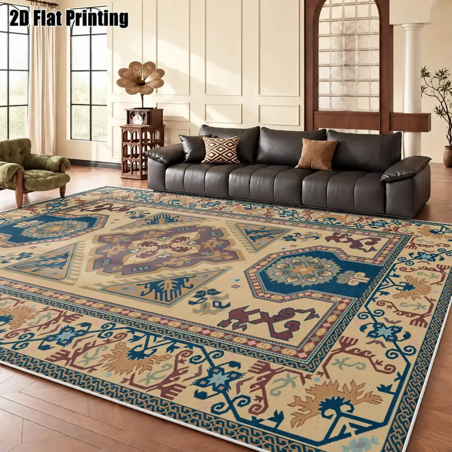1Pc 2D Printed Velvet Retro Geometric Carpet, European & Bohemian Styles, Machine Washable, Multi-Size for Home Decor & Multi-Sc