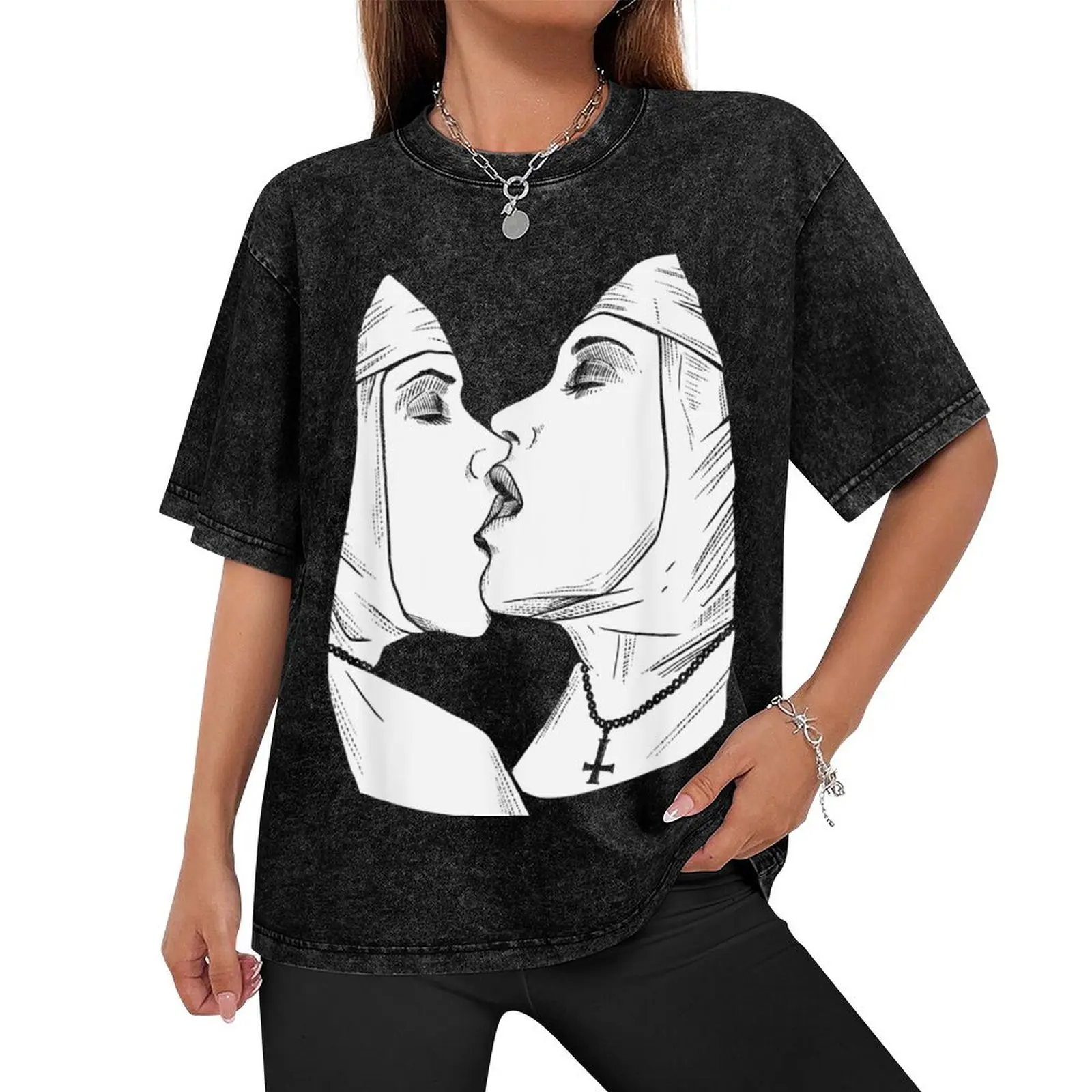 Sexy Lesbian Kiss Nun Bondage Satanic Occult Pagan BDSM Naughty Evil Unholy Nuns T-Shirt affliction shirts mens cotton t shirts