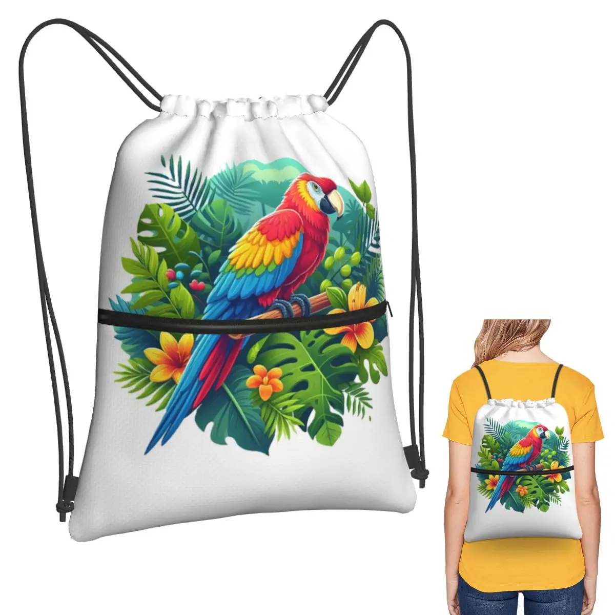 

Colorful Tropical Parrot With Flowers Print Backpacks Casual Drawstring Bags Shoes Bag Book Bags for Man Woman Students