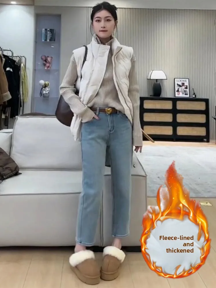 

Thiened Fce High Waist Straight Leg Blue Jeans Women Winter New Casual Heart aped Slim Fit e Tube Pants