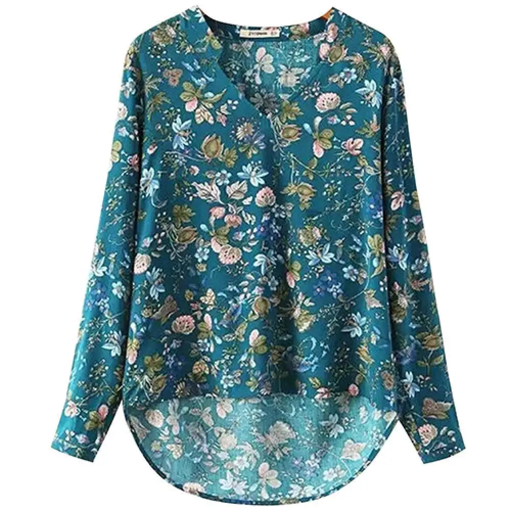 

Chiffon Women's Blouse Vintage Style Flower Print V Neck Long Sleeve Cotton Shirt Blouse Top 2022
