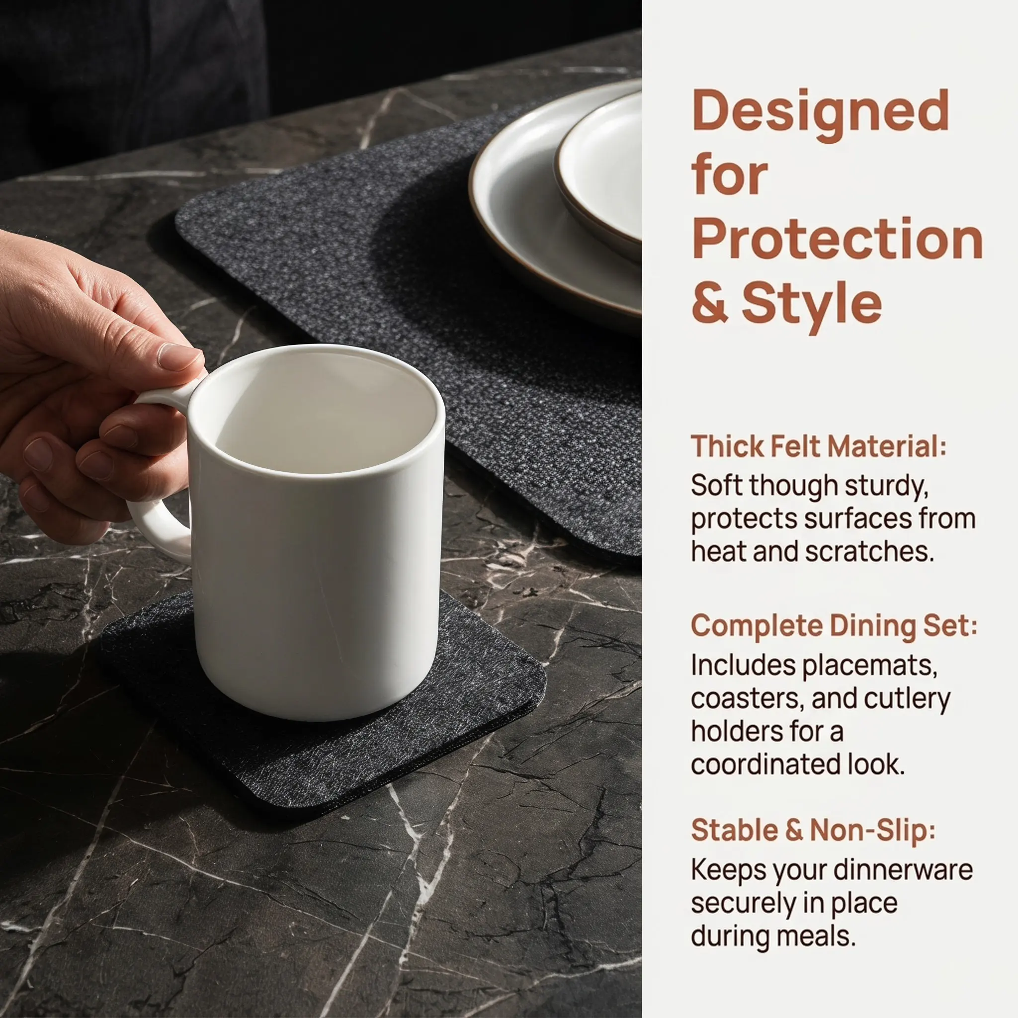 8Sets Gray Felt Placemats Set Washable Heat Resistant Table Mats Felt Coasters Cutlery Bags Dining Table Decoration