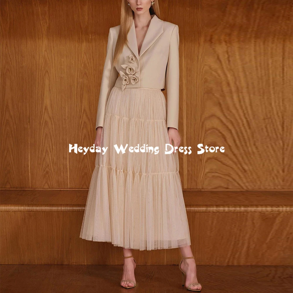 

Heyday Women's Customized 3D Flowers V-neck A Line Simple Evening Dresses With Long Sleeves Tea-Length Elegant Dresses 2025