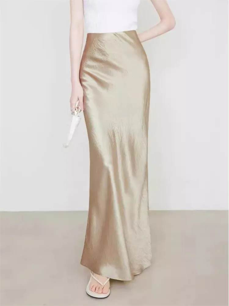 

Модная женская юбка макси, тонкая элегантная однотонная повседневная одежда миди с высокой талией, гладкая драпировка, атласная одежда русалки
