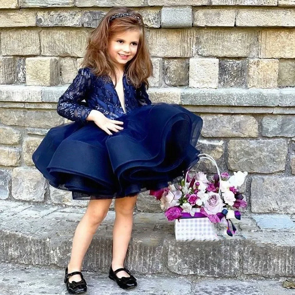 

Blue Full Sleeves Lovely Flower Girl Dresses for Wedding Sequins Knee Length Ball Gown Baby Girl Birthday Ball Gowns Customized