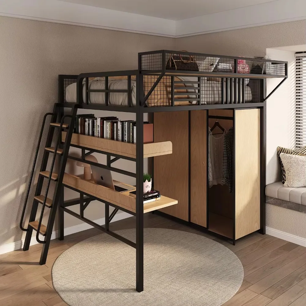 Modern Space Saving Loft Bed Metal Hanging Bunk Bed with Under-bed Cabinet Single High Sleeper Frame for Small Apartment