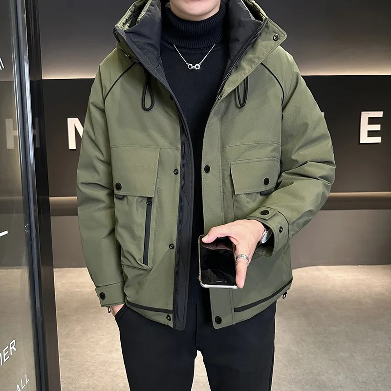 New Winter Men's Hooded White Duck Down Jackets Thickened Hooded Outdoor Down Padded Pockets Work Wear Parka Coats Man JK-123