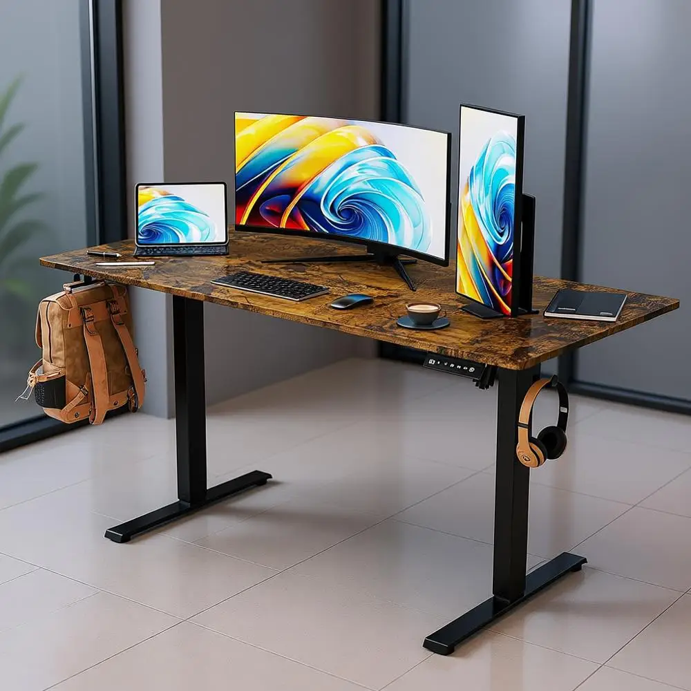 

Электрический регулируемый по высоте стол (24 дюйма) с 4 колесами, 4 предустановленными параметрами памяти, крючками и кабель-менеджментом, коричневая столешница-вставка