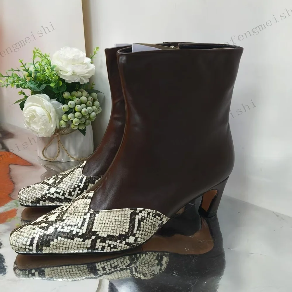 Women Snake Print Spliced Ankle Boots Square Toe Block Mid Heel Leather Side Zipper Short Booties Office Winter Fashion Shoes