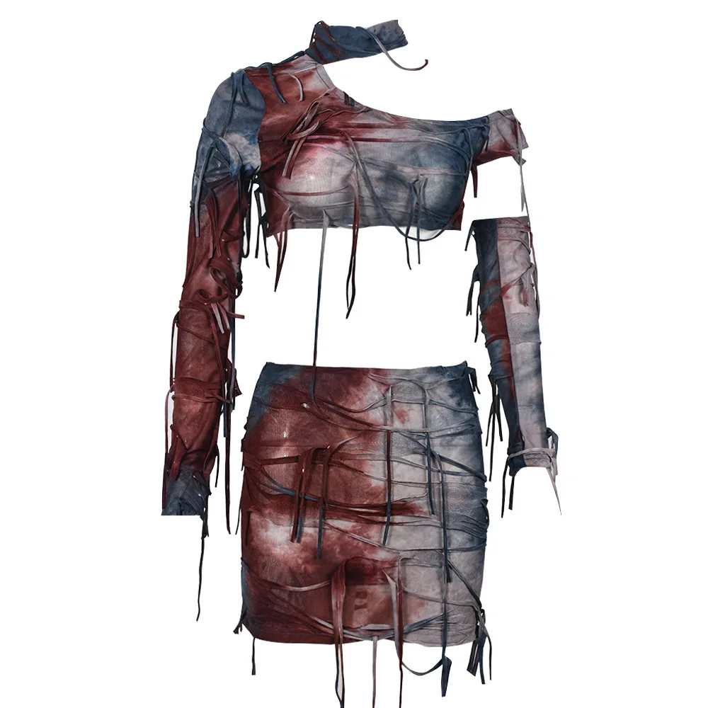 

Subcultural Gothic Dark Bloody Tie Stained Ragged Long Sleeve Off Shoulder Top High Waist Hip Wrap Short Skirt Set Halloween