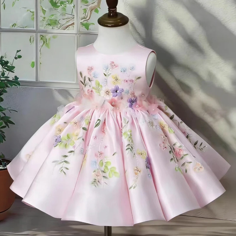 

Children Girls Formal Wedding Flower Girl Sleeveless Tutu Kids Birthday Party Elegant Princess Gown Performance Dress Costume