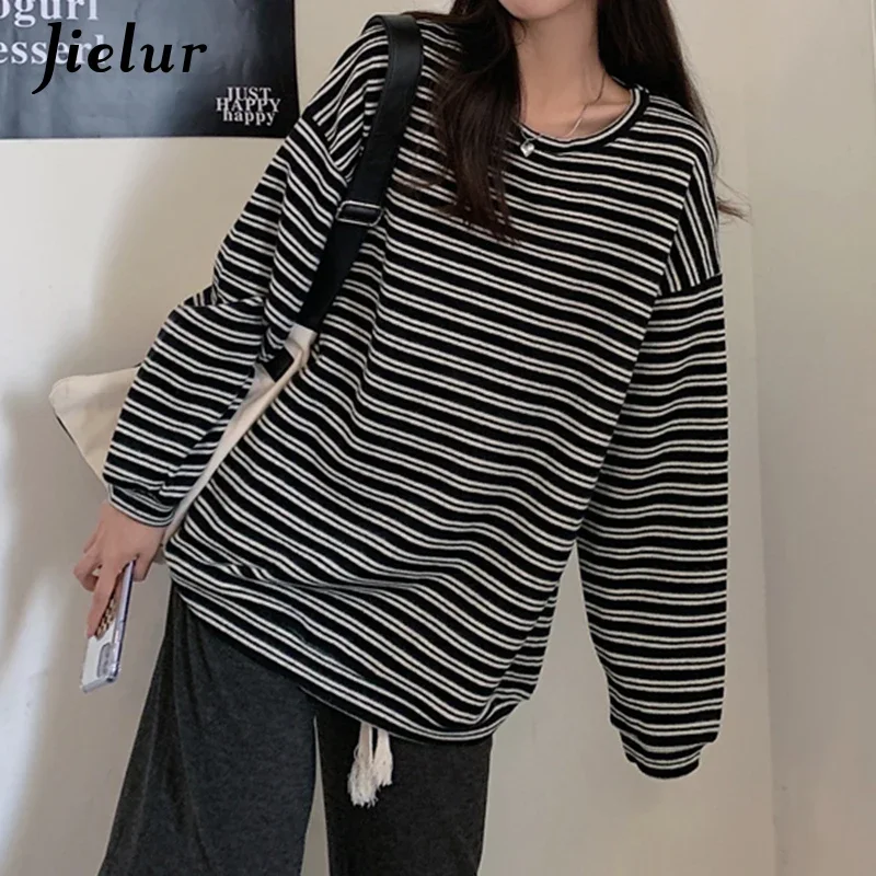 Jielur Winter Korean Style Pullover Spell Color Striped Hoodie Women Green Harajuku Sweatshirt Loose Casual Clothes Female M-XL