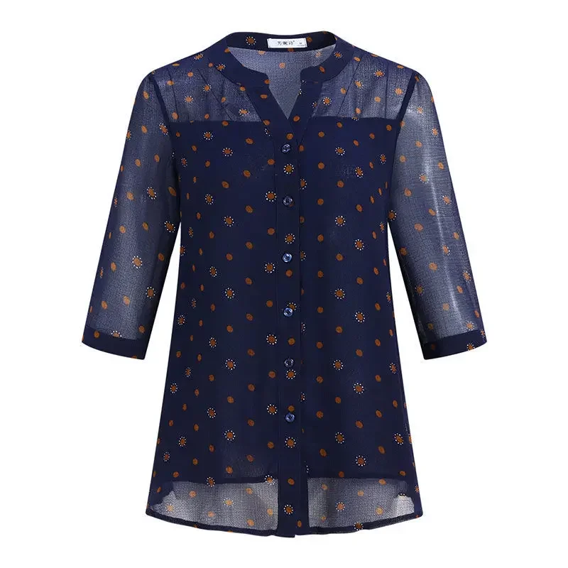 Women\'s Clothing Stylish Polka Dot Printed Blouse 2024 Summer Casual 3/4 Sleeve All-match Straight Elegant V-Neck Spliced Shirt