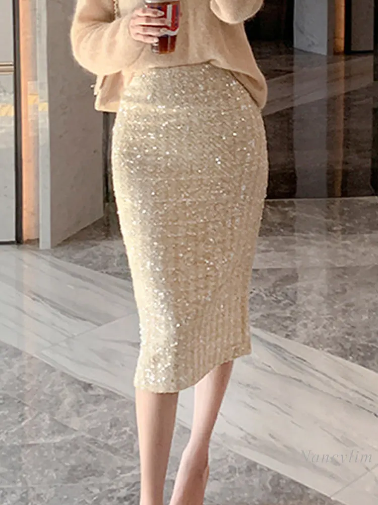 Sequined Tweed Skirts Women 2022 Autumn and Winter Mid-Length High Waist Hip Skirt One-Step Skirts Office Lady Work Wear