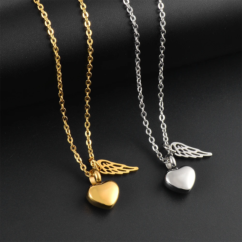 Stainless Steel Mini Angel Wing Love Heart Cremation Jewelry for Ashes Pendant Ash Holder Memorial Necklace Jewelry 3 Colors