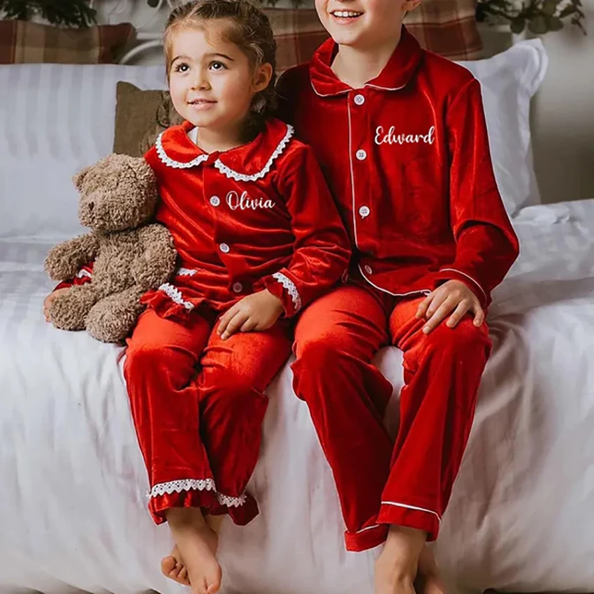 

Mudbala Baby Boys Red Velvet Christmas Pyjamas Family Classic Luxury Toddler Girls Sibling Matching Kids Pajamas Set