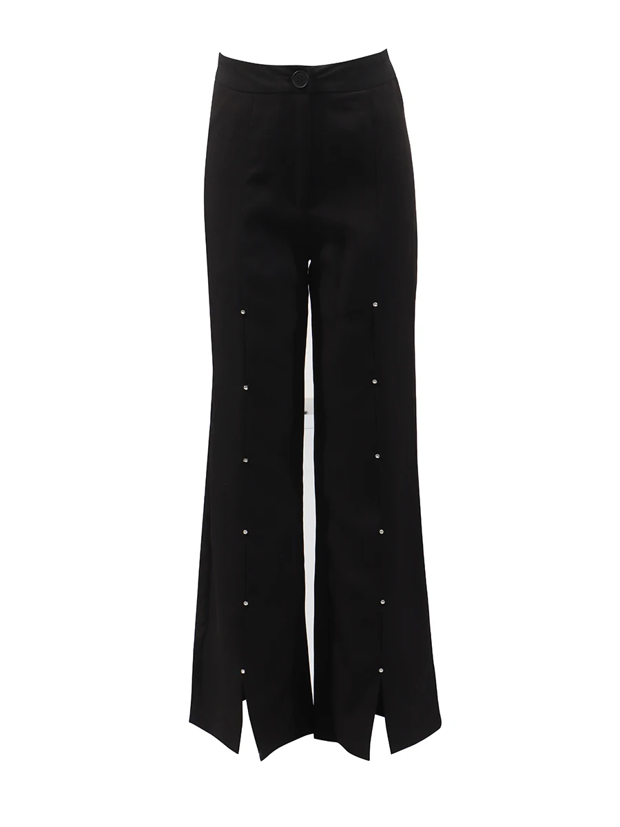 TWOTWINSTYLE Solido Split Diamanti Impiombati Set di Due Pezzi per Le Donne Risvolto Maniche Lunghe Giacca a Vita Alta Pantalone Set di Moda Femminile