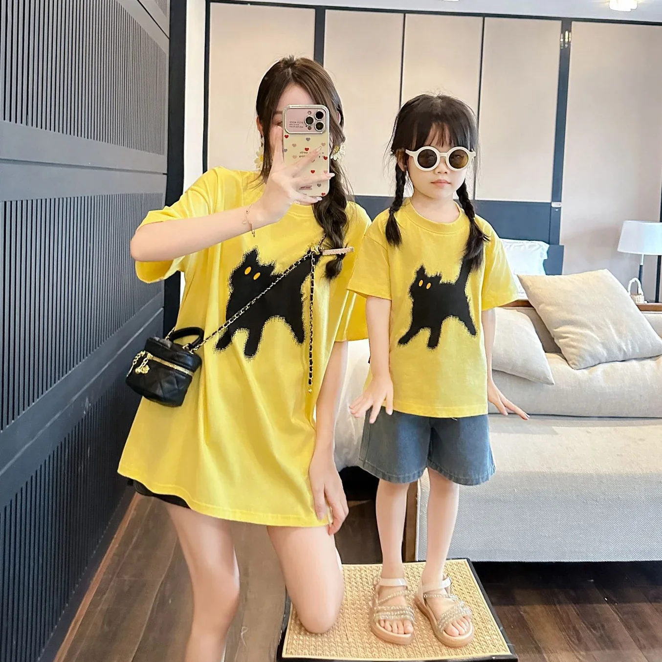 Parent-child Same Clothes for The Whole Family Funny Short Sleeve T Shirt Cotton Mom Dad and Daughter Son Cat Tees Baby Bodysuit