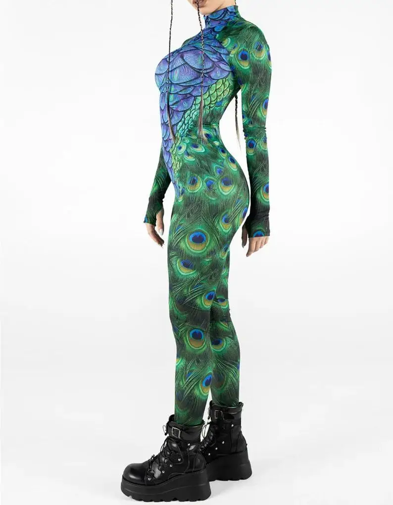 Halloween Damen Cyberpunk Roter Pfauenfeder-Jumpsuit Party Rollenspiel Steampunk Halloween Festtagskostüm Stretch-Bodysuit – Detail 5