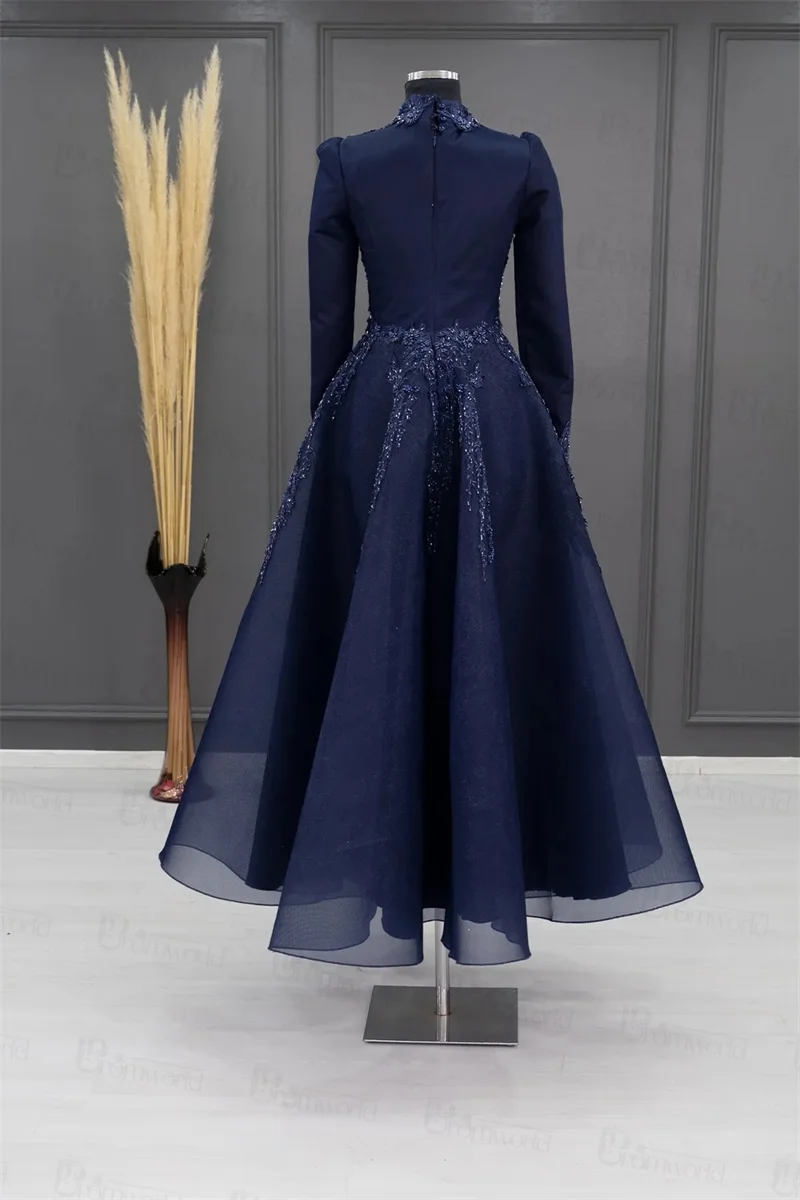 Navy Blue Lace Beaded Muslim Evening Gowns A-Line High Neck Ankle-Length Hijab Formal Prom Dresses Long Sleeves Robes De Soirée