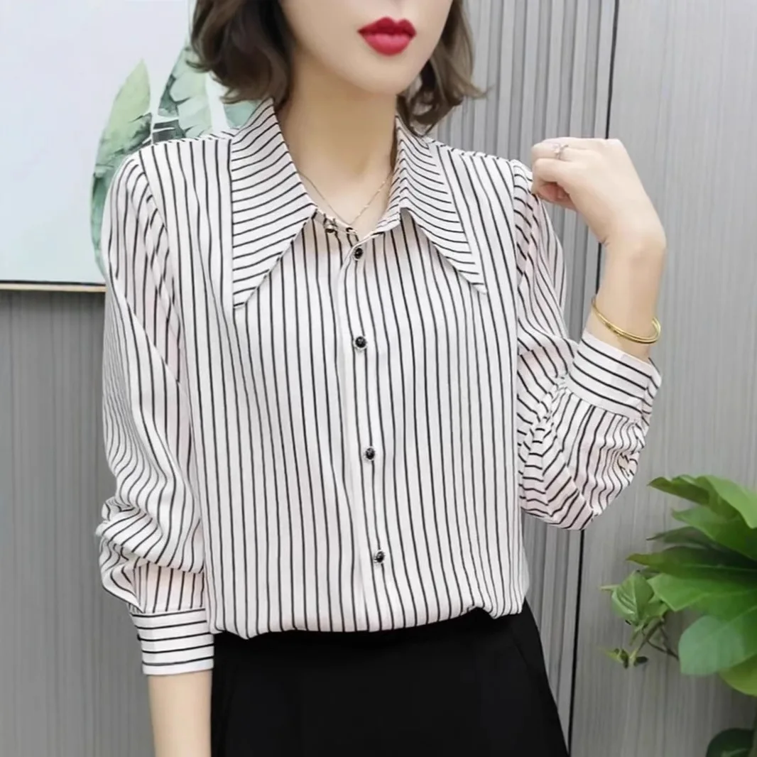 

New Fashion Striped Women's Long-sleeved Shirt Versatile Spring Summer Shirt Korean Long-sleeved Shirt Women's Collar