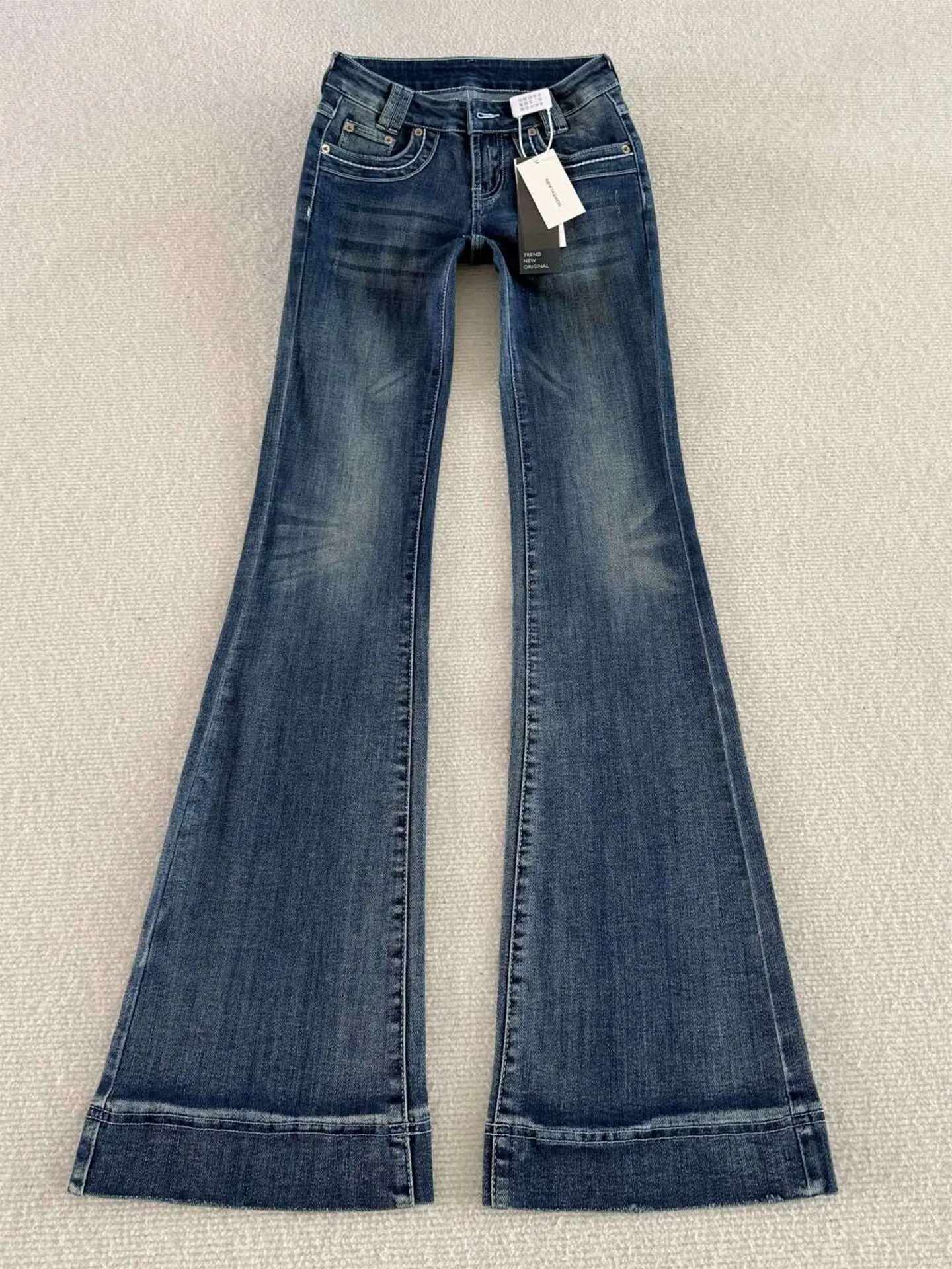 

American Retro Dark Blue Flared Jeans Women Spring Autumn Chic Low Waist Slim Fit Denim Pants Sexy Spicy Girls Versatile Trouser