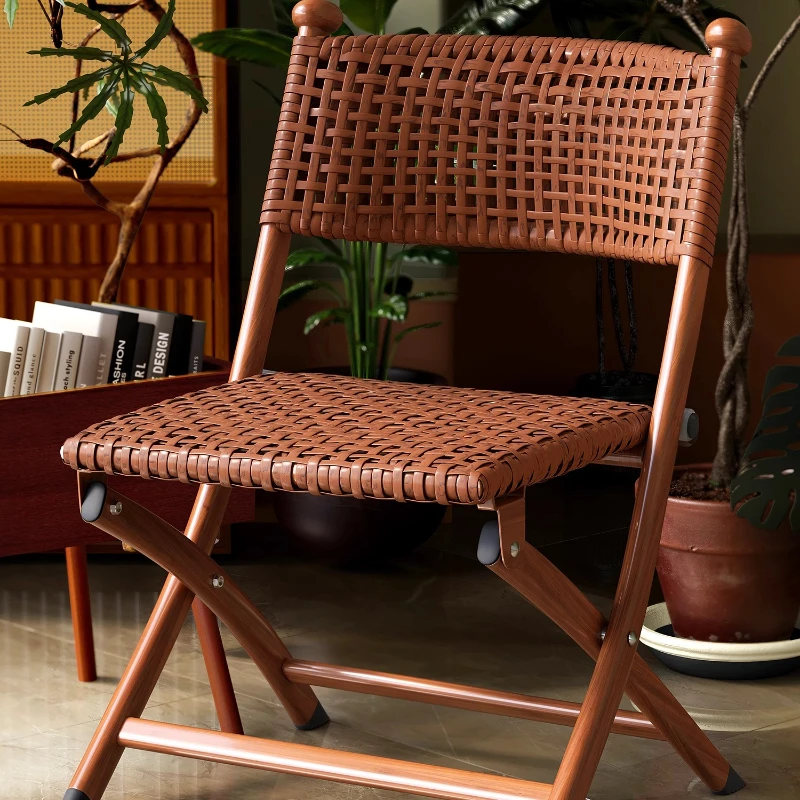 

Foldable Rattan Chair Patio Armchair for Elderly, Portable Camping Stool with Back Support, Lightweight Outdoor Bistro Seat