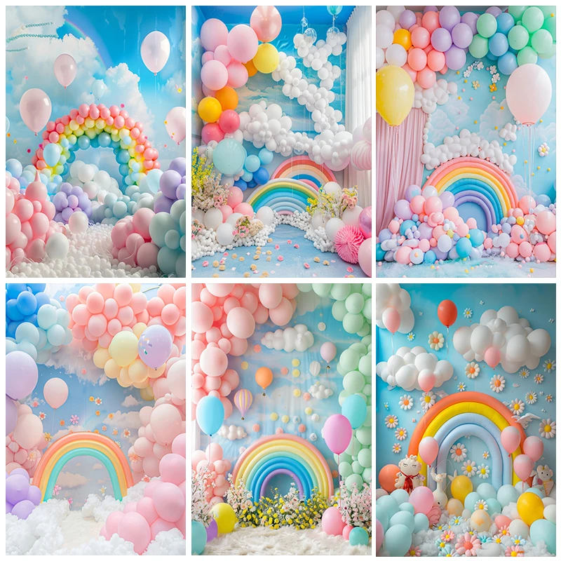 

3D Balloon Rainbow Backdrop For Photography Colorful Rainbow Balloons Baby Portrait Kids Birthday Party Photo Background Decor