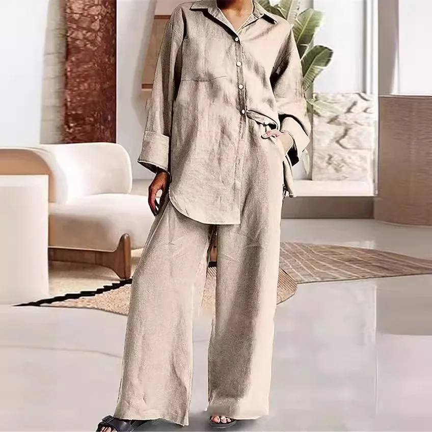 

Весенне-осенний женский брючный костюм, модная повседневная однотонная рубашка с длинными рукавами и лацканами на пуговицах и брюки с эластичной резинкой на талии, комплект из 2 предметов