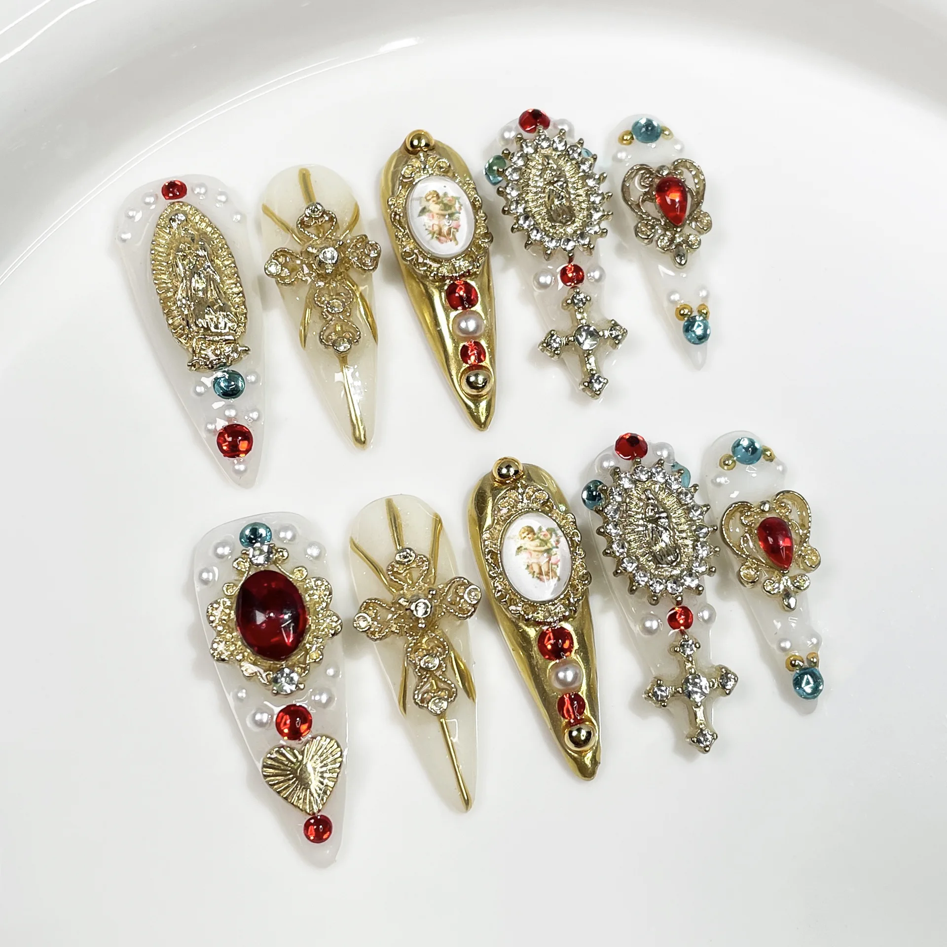 

10 шт., ручная работа в религиозном стиле, пресс для ногтей, золотой барокко, кристаллический дизайн, накладные ногти, европейские тяжелые металлические золотые накладные ногти