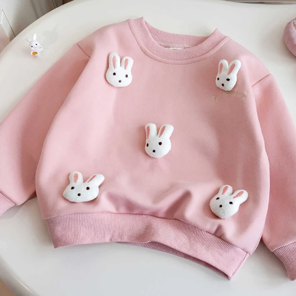 Stylish Korean Style Autumn Hoodie for Little Girls with 3D Cartoon Rabbit Decoration Warm and Trendy Option for Cooler Weather