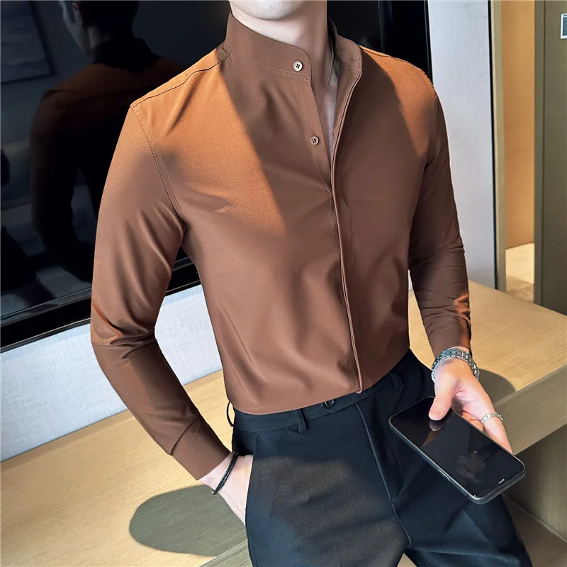 2023 Autumn New Stand Collar Solid Slim Shirts Mens Hide Buttons Design Luxury Long Sleeve Party Wedding Business Dress Shirts