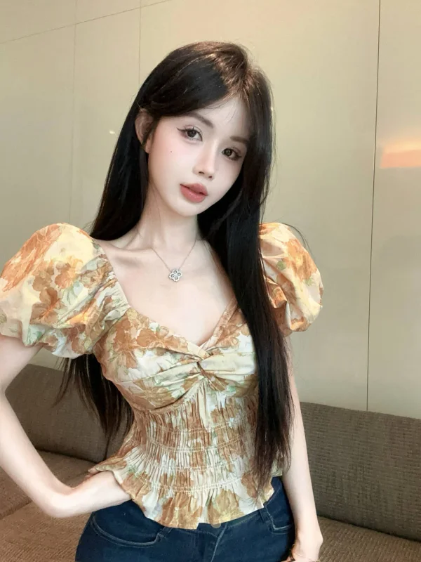 

Retro Floral Print Knot Shoulder Short Sleeve Women's Shirt Summer Gentle Style Versatile Top Korean Style Slim Fit Bubble Sl...