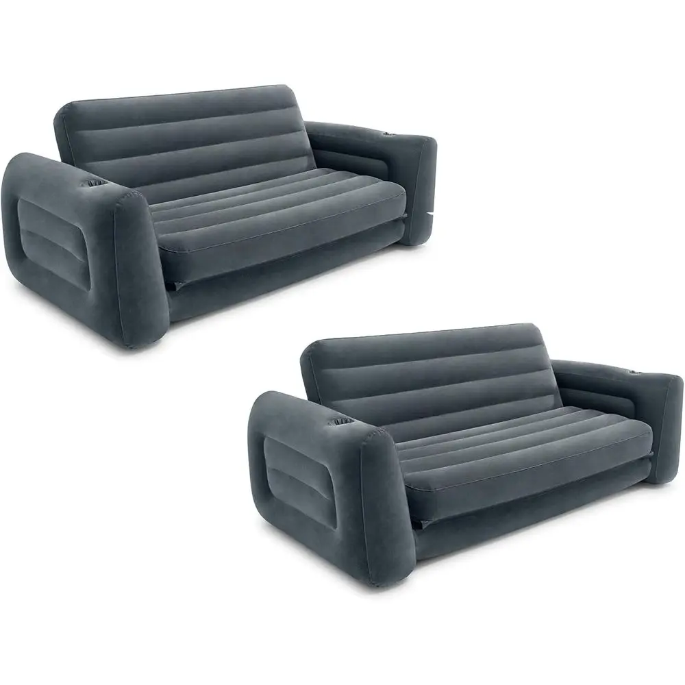 2 in 1 Iatable Pull Out Soa and Queen Size Air Bed Mattrwith Cup Holders or Indoor and Outdoor Use or Adults (2 Pack), Charcoal