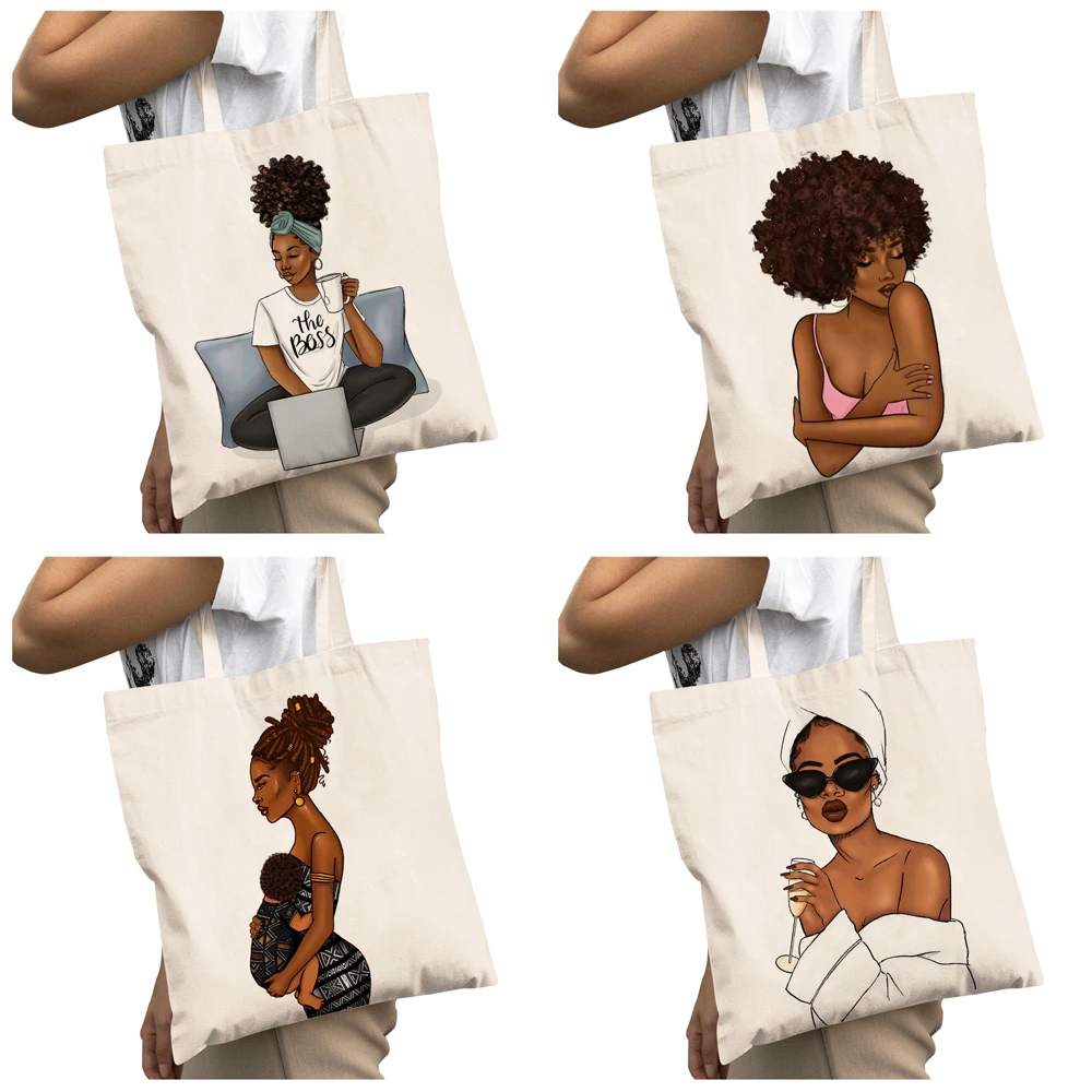 Casual African Girl Big Capacity Shopping Bags for Women Reusable Double Print Beautiful Black Fashion Lady Canvas Shopper Bag ​