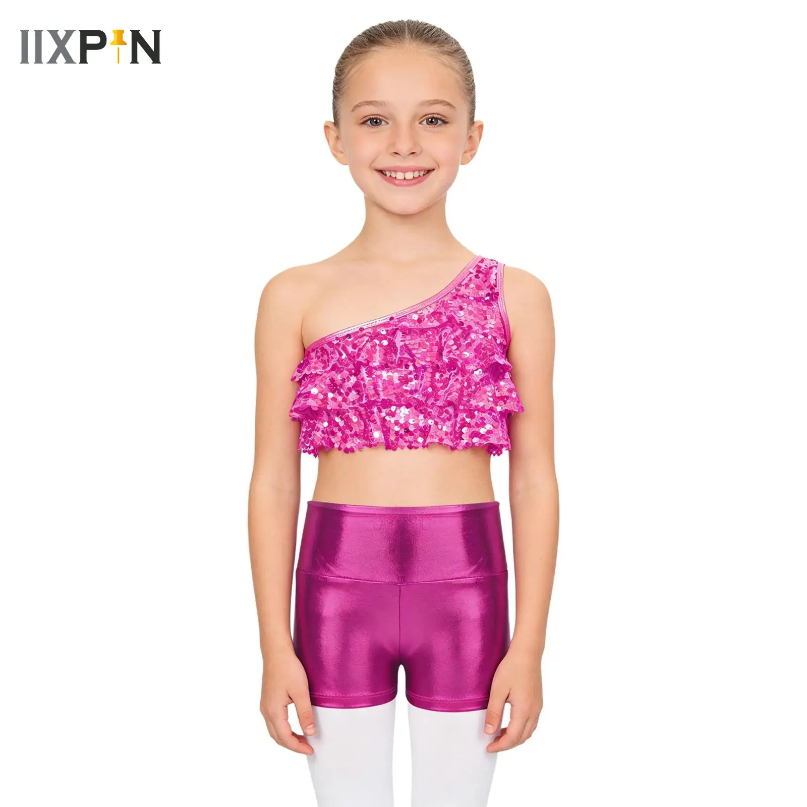 

Kids Girls Jazz Dance Outfit Costume 2Pcs Sheer One Shoulder Sequin Crop Top with Metallic Shorts Skirt Cheerleading Performance
